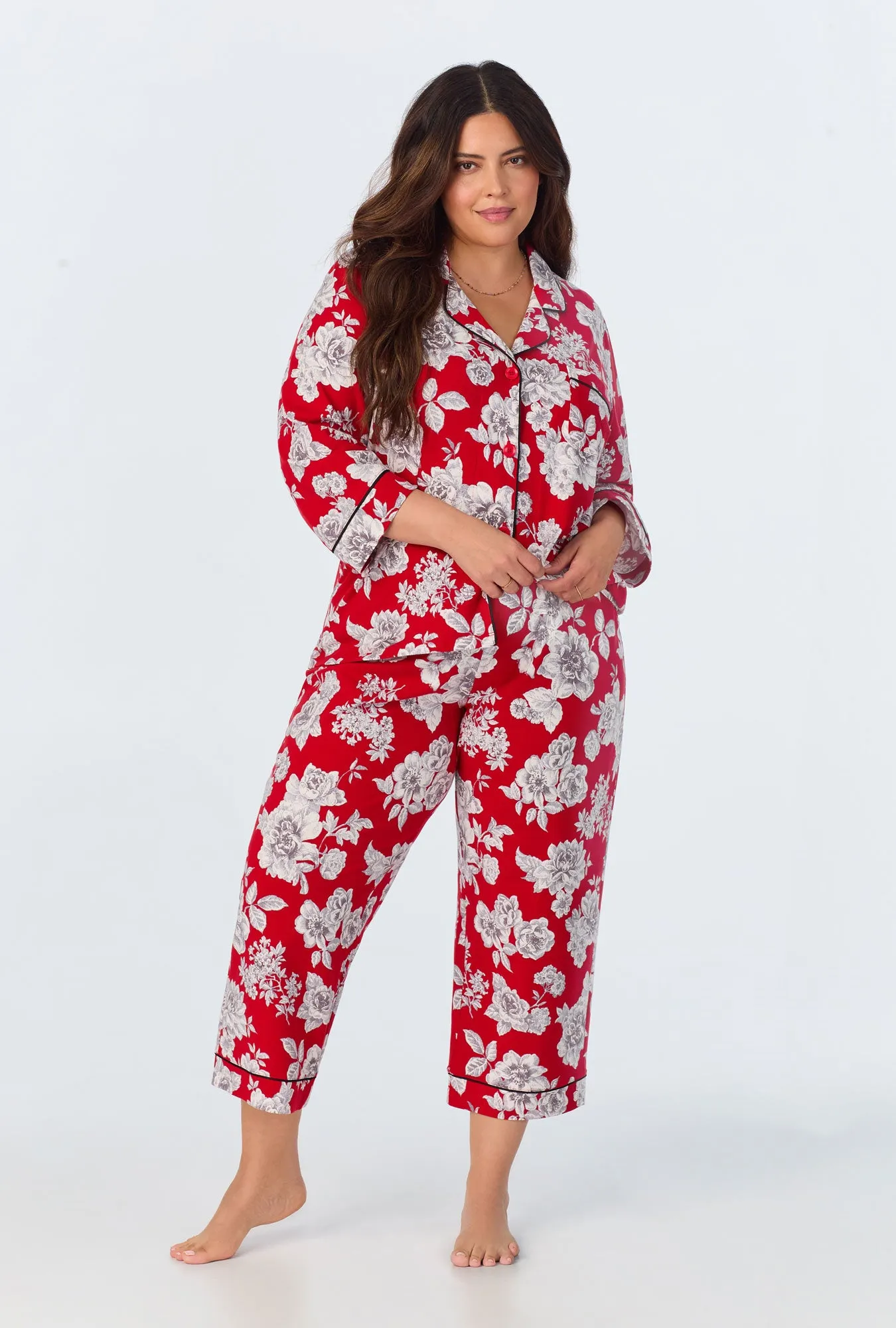 Camellias 3/4 Sleeve Classic Stretch Jersey Cropped PJ Set