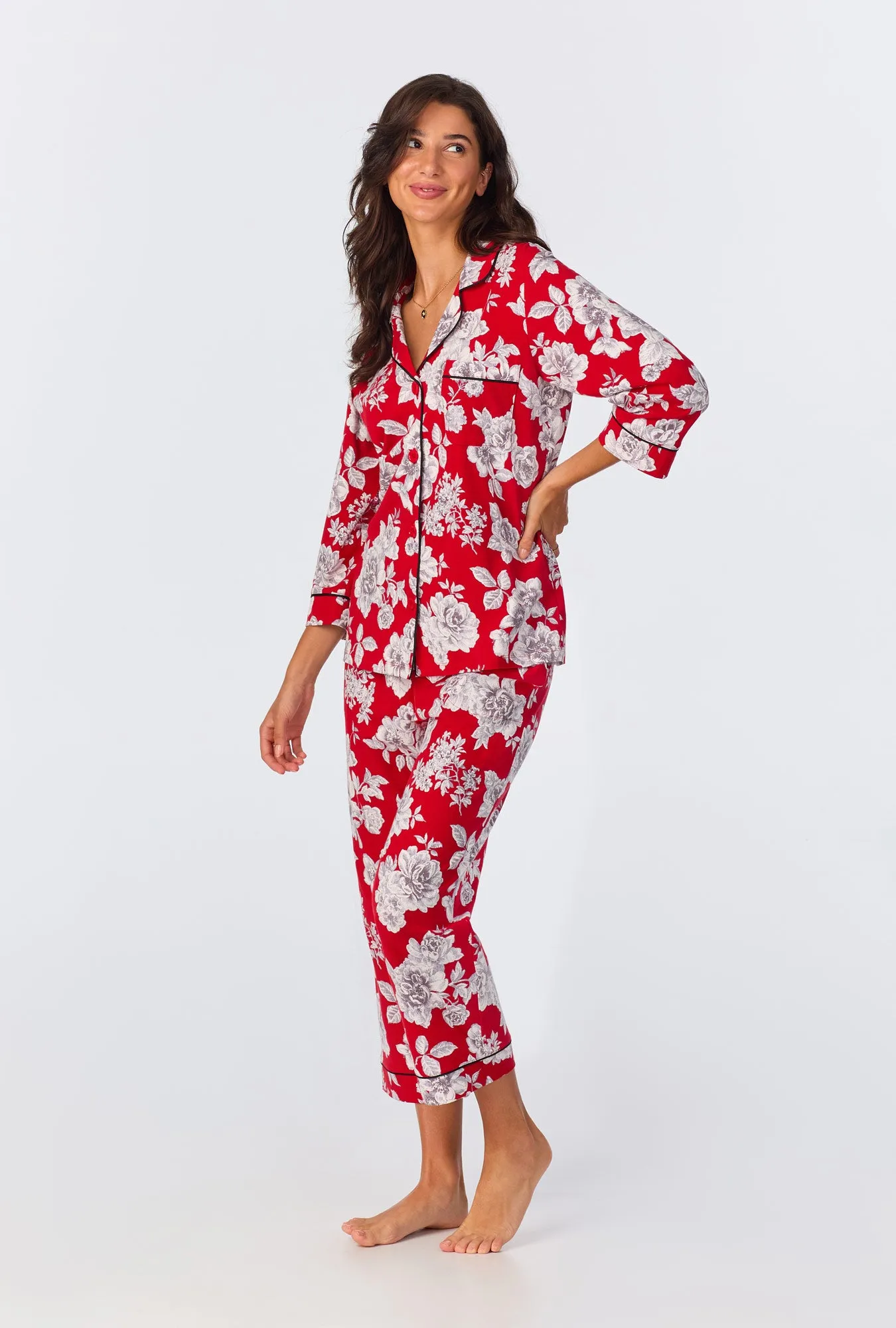 Camellias 3/4 Sleeve Classic Stretch Jersey Cropped PJ Set