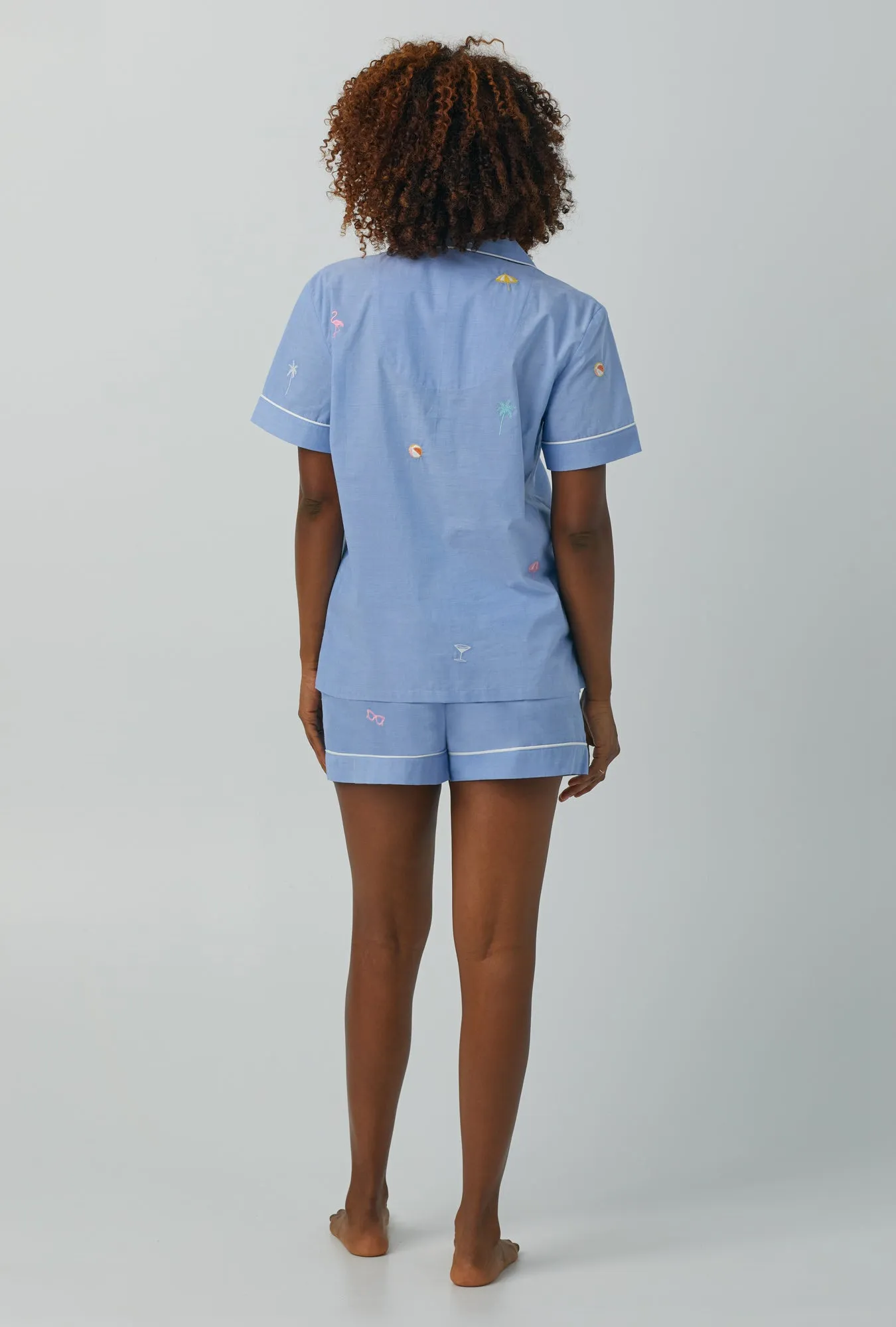 Chambray Short Sleeve Classic Woven Cotton Poplin Shorty PJ Set