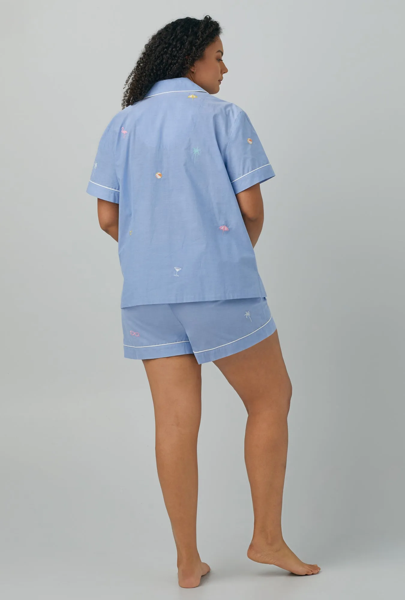 Chambray Short Sleeve Classic Woven Cotton Poplin Shorty PJ Set