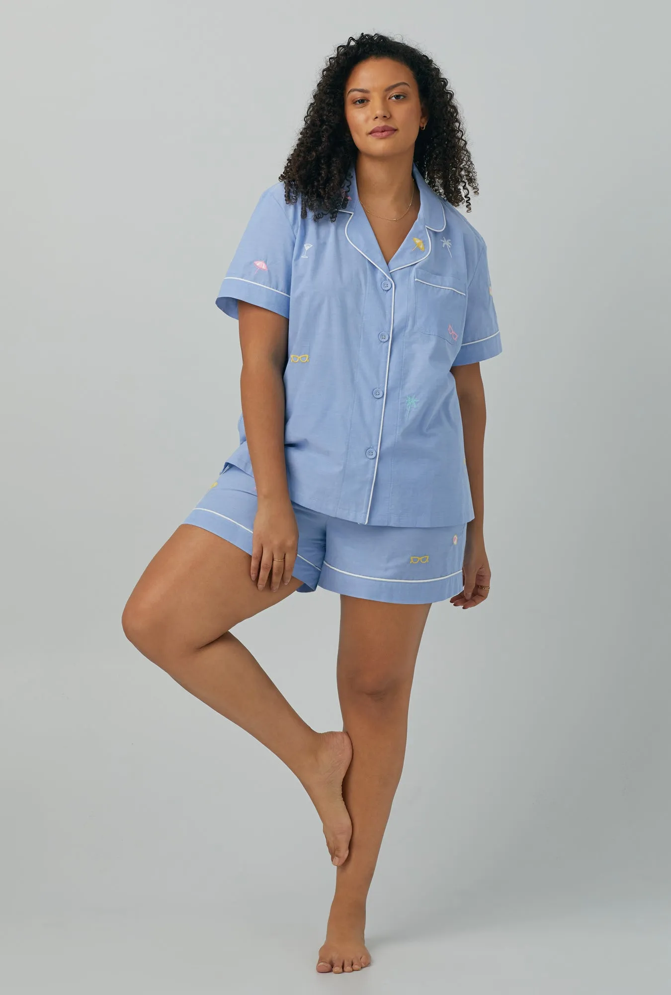 Chambray Short Sleeve Classic Woven Cotton Poplin Shorty PJ Set