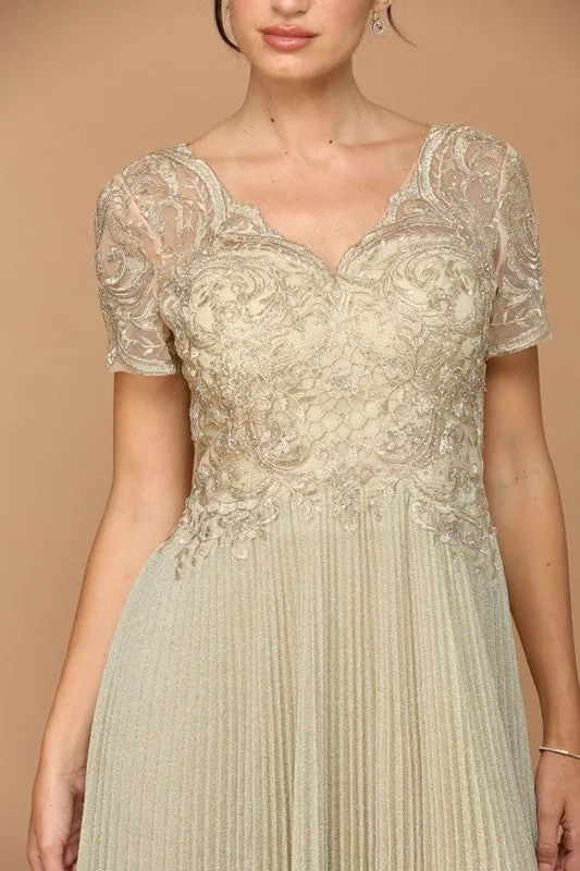 Champagne Half Sleeve V Neck Accordion Pleat Metallic Skirt
