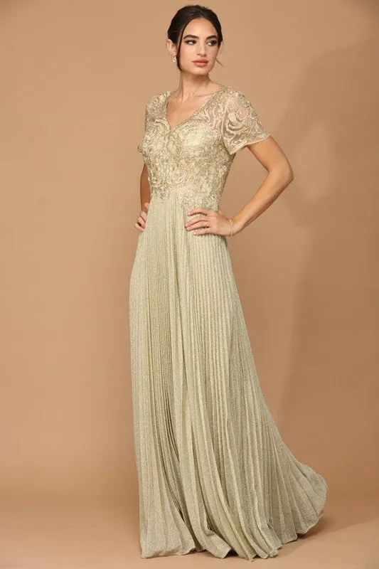 Champagne Half Sleeve V Neck Accordion Pleat Metallic Skirt