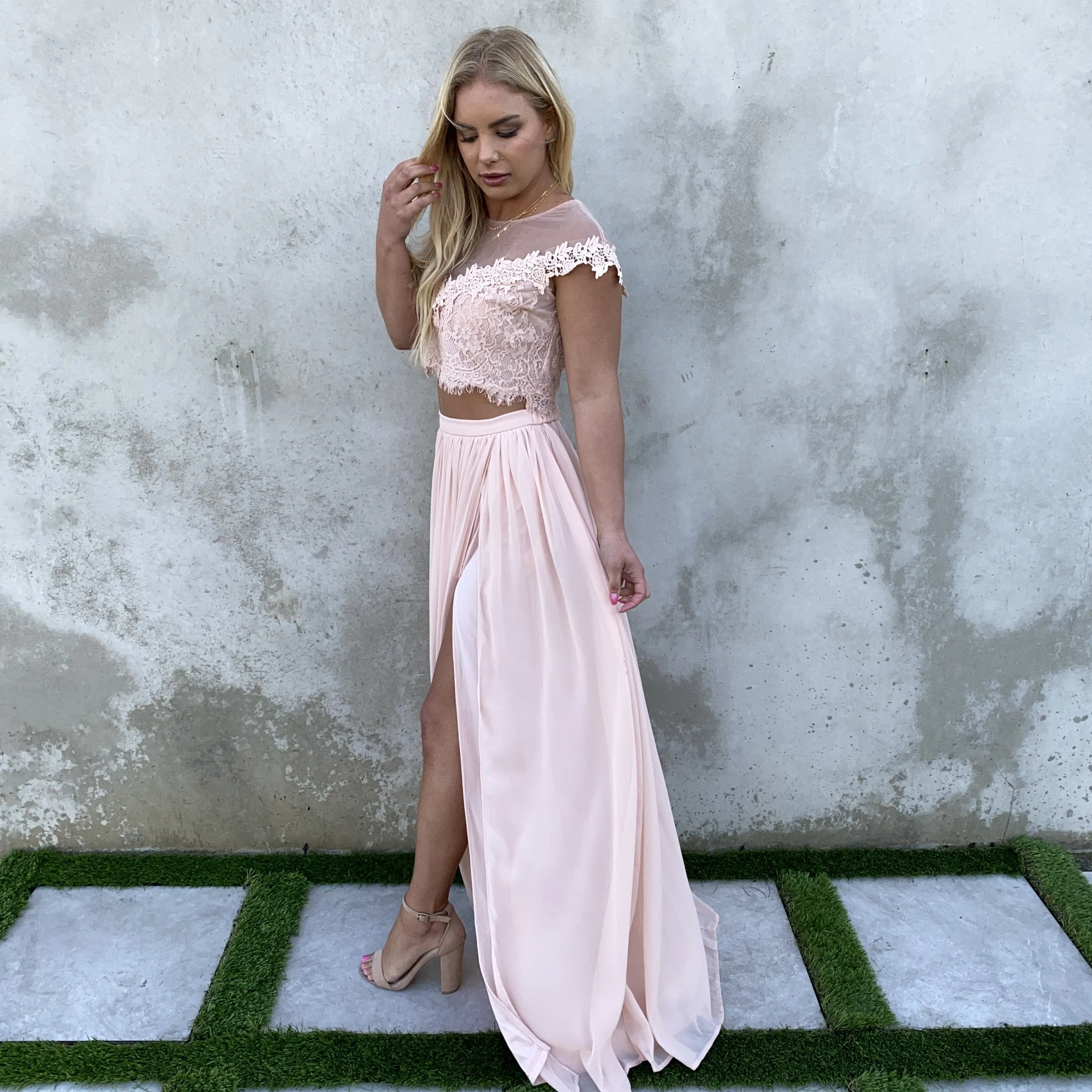 Dance With Me Lace Top & Maxi Skirt Set In Blush Pink