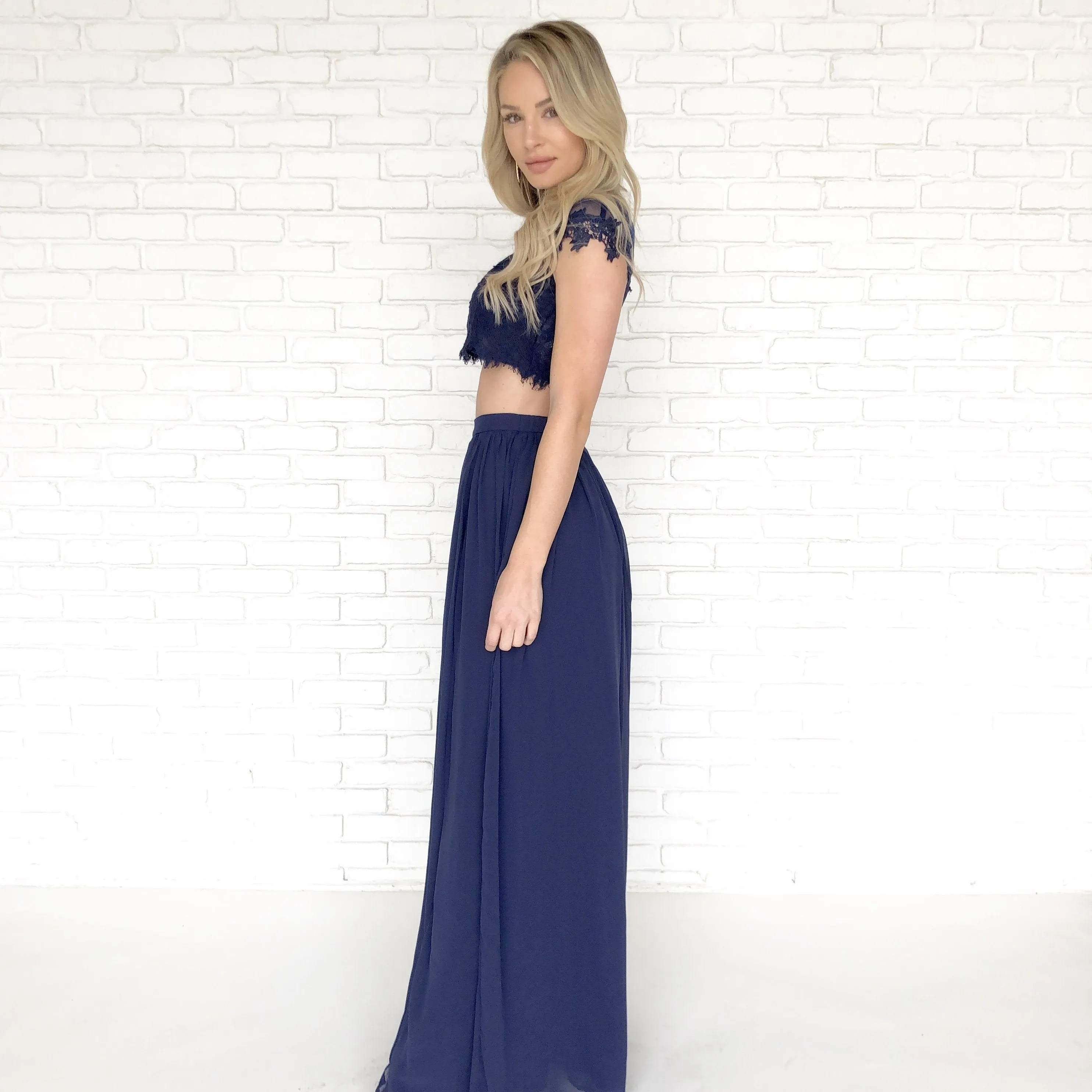 Dance With Me Lace Top & Maxi Skirt Set In Navy Blue