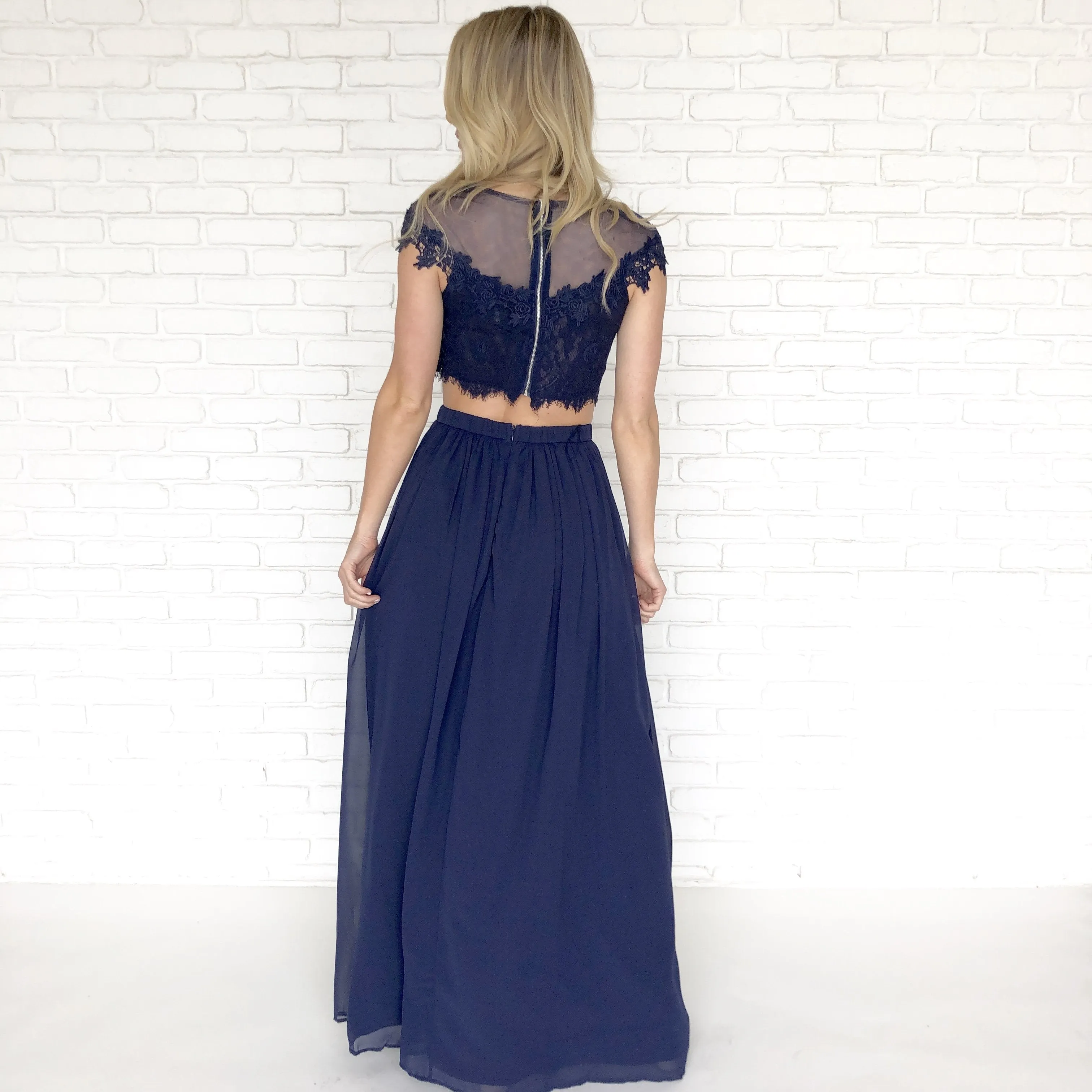 Dance With Me Lace Top & Maxi Skirt Set In Navy Blue