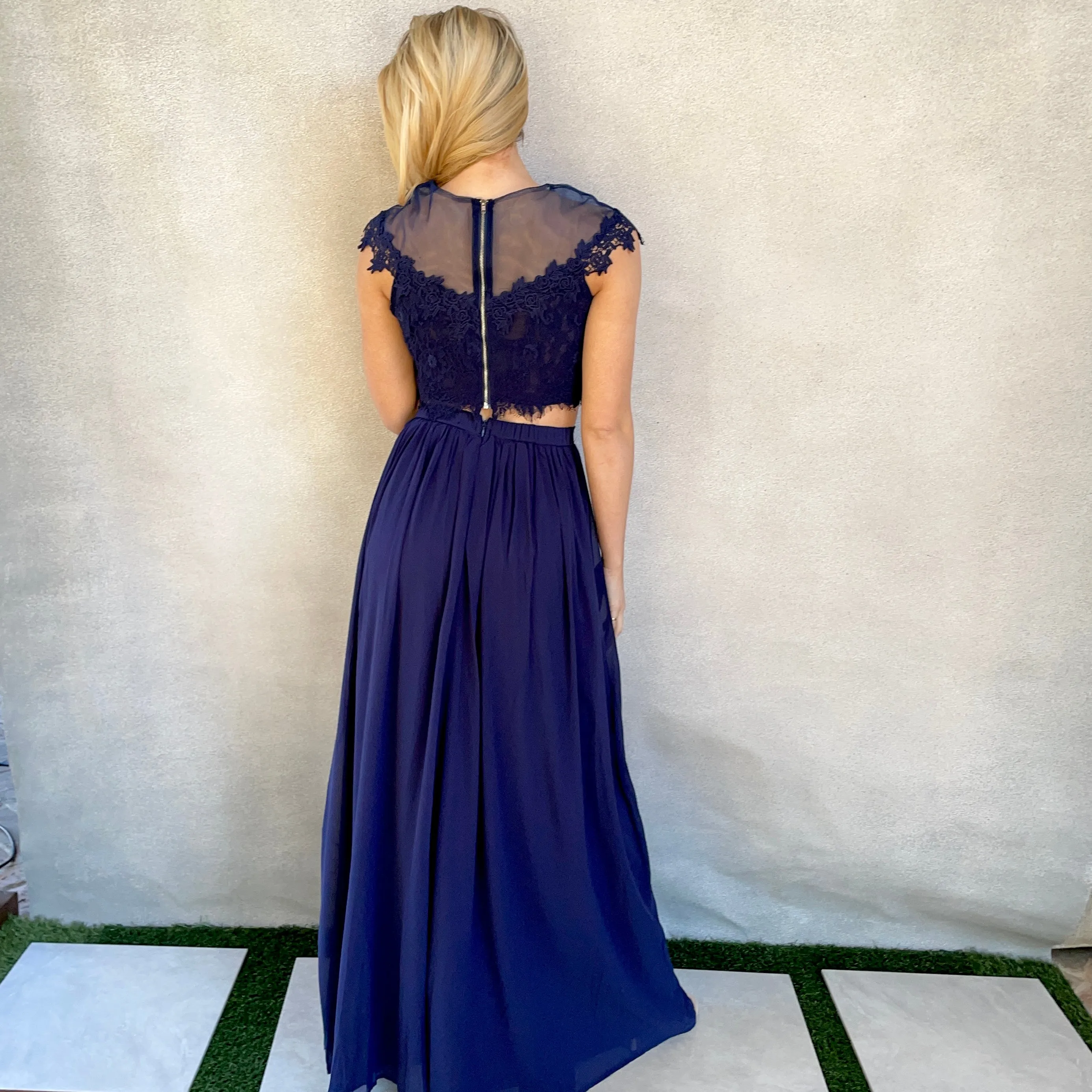 Dance With Me Lace Top & Maxi Skirt Set In Navy Blue