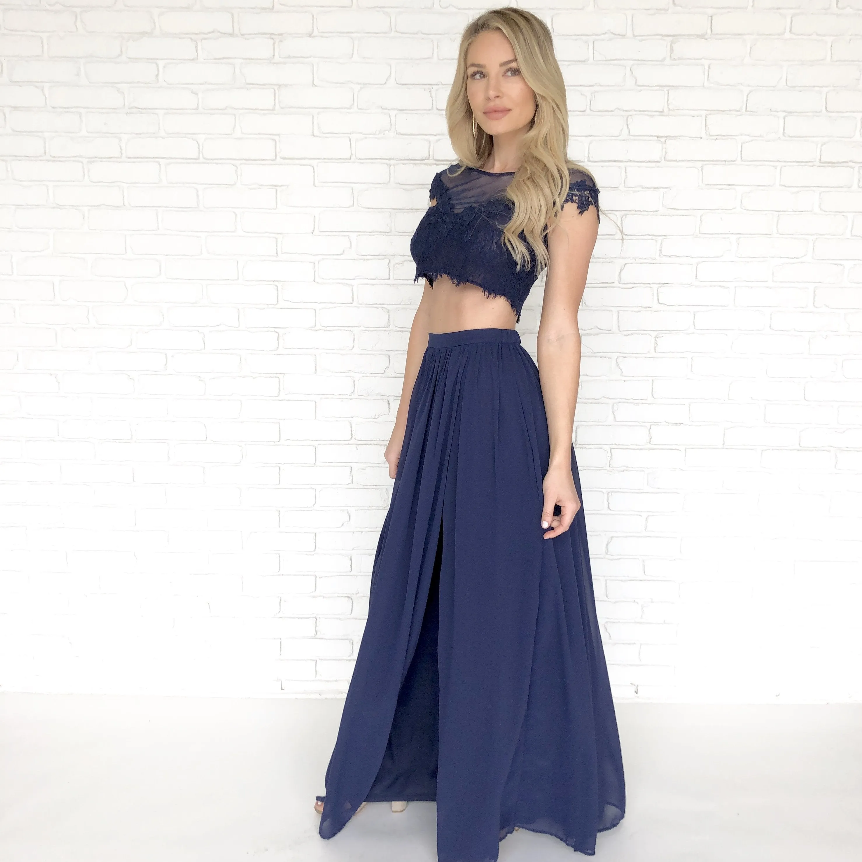 Dance With Me Lace Top & Maxi Skirt Set In Navy Blue