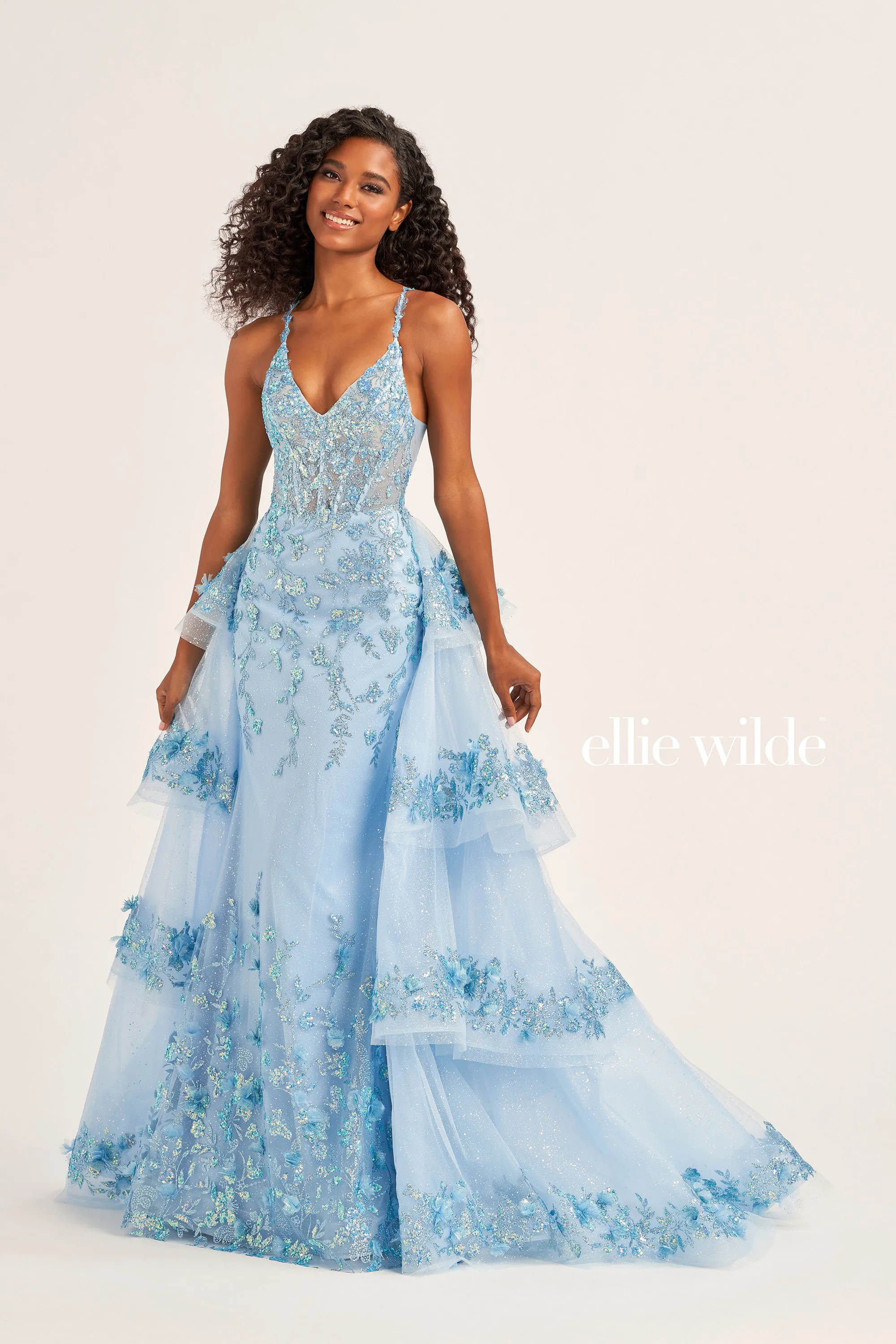 Ellie Wilde EW35045 Sheer Sequin 3D Floral Lace Prom Dress Detachable Overskirt Pageant