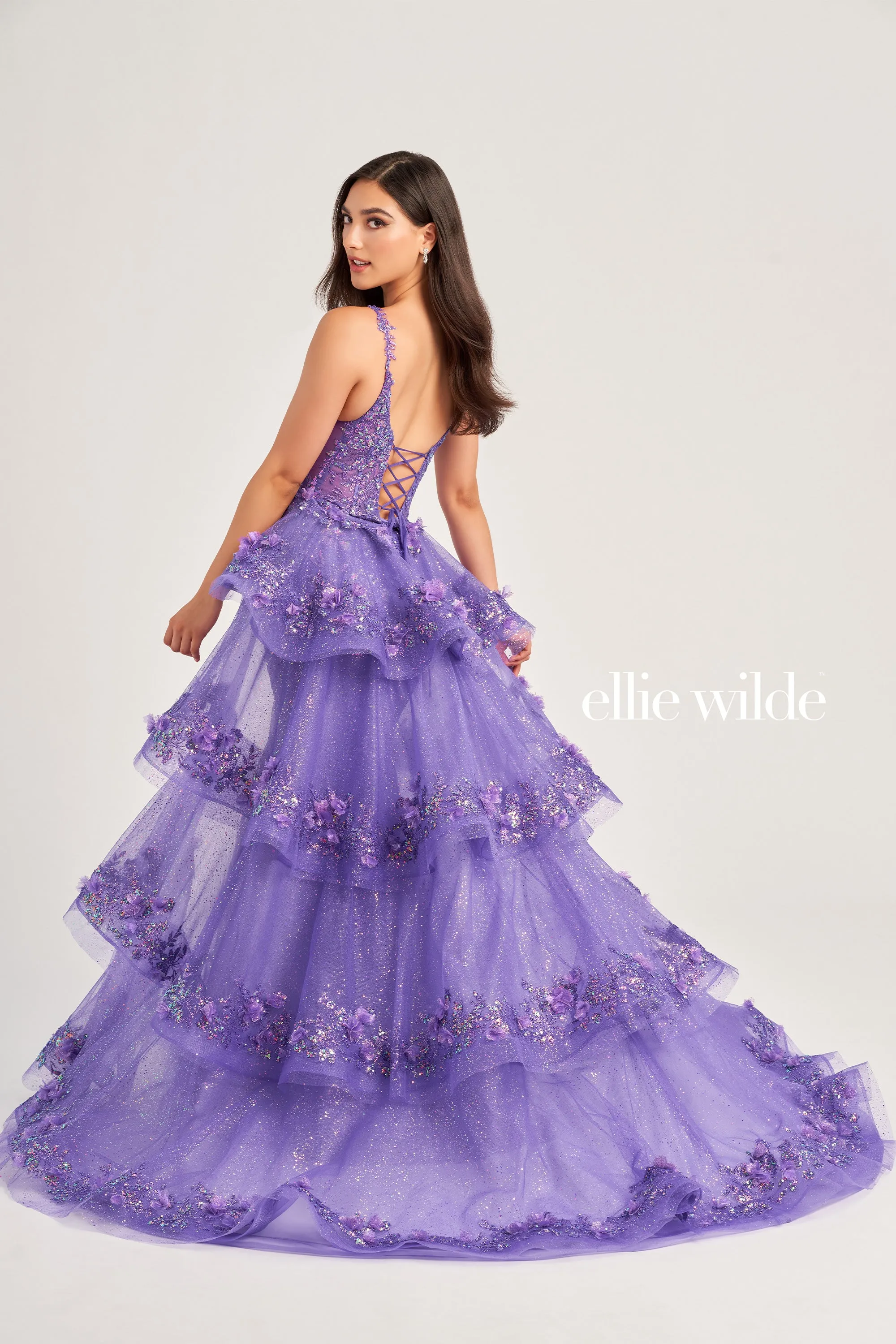 Ellie Wilde EW35045 Sheer Sequin 3D Floral Lace Prom Dress Detachable Overskirt Pageant