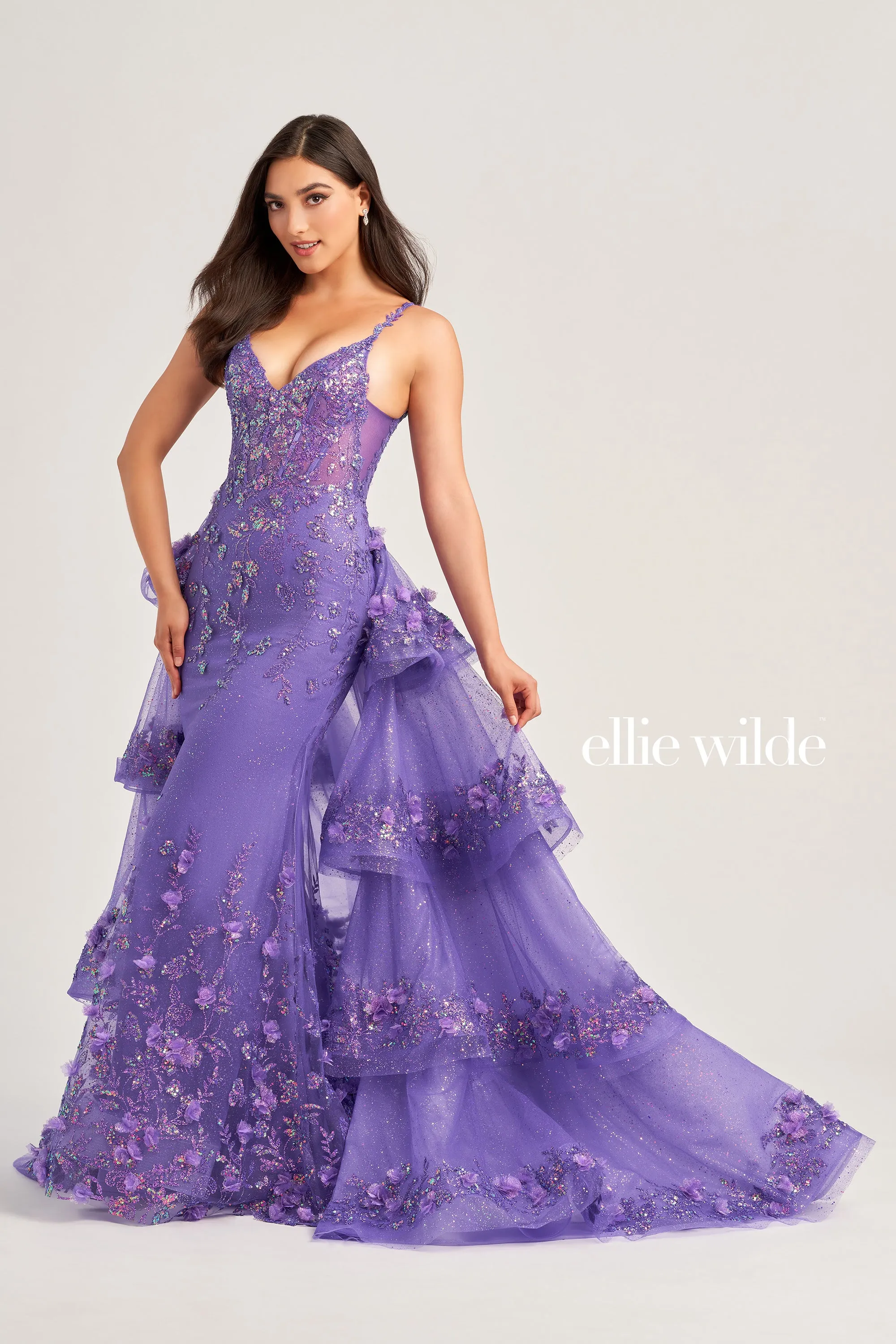 Ellie Wilde EW35045 Sheer Sequin 3D Floral Lace Prom Dress Detachable Overskirt Pageant