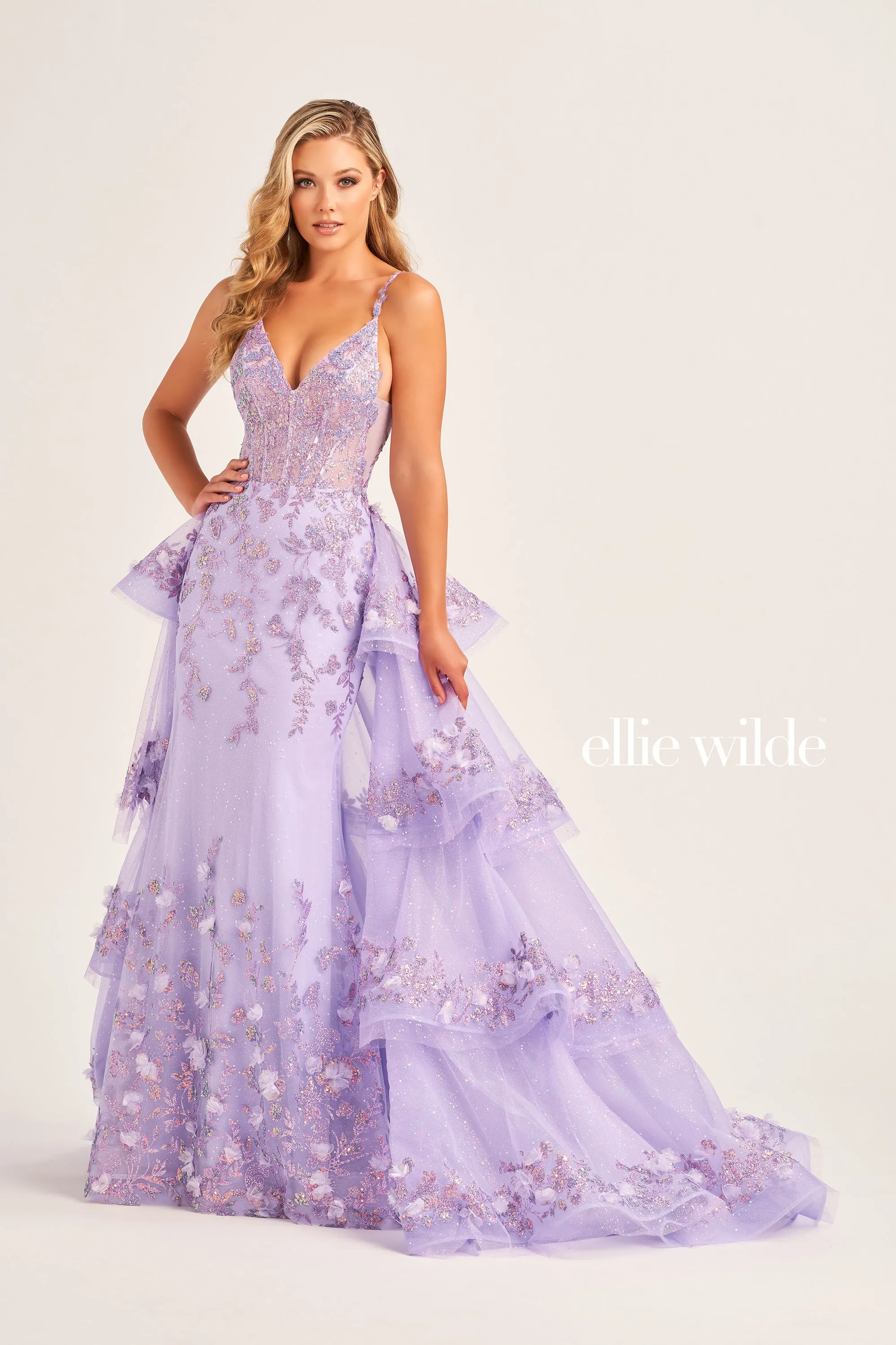 Ellie Wilde EW35045 Sheer Sequin 3D Floral Lace Prom Dress Detachable Overskirt Pageant