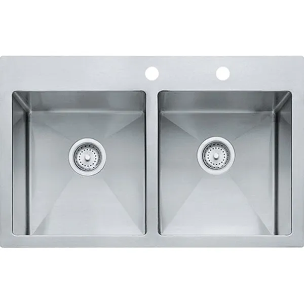 FRANKE Vector HF3322-2 Kitchen Sink, 22 in OAW, 9 in OAH, 33 in OAD, Stainless Steel, Polished Satin, Top Mounting