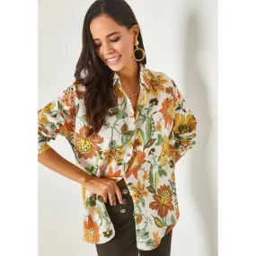 Green Orange Oval Bat Oversize Linen Viscose Woman Blouse With Pocket,Vintage Blouse,Floral Pattern Blouse, Gift For Her, Collar Blouse