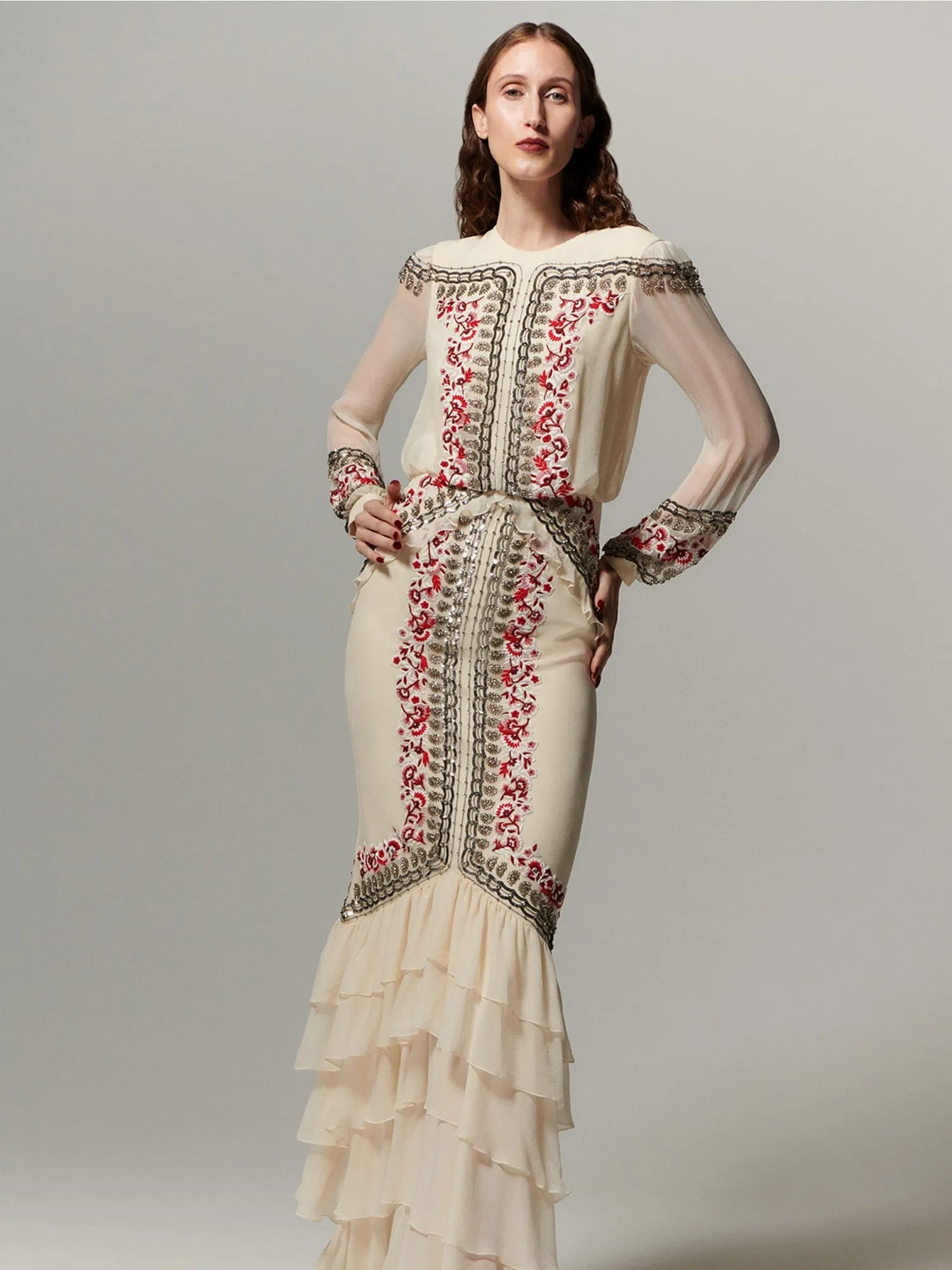 Isa Long C Dress Cream Botanic Embroidery