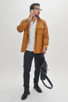 Jack & Jones Burnt Orange Corduroy Button Up Over Shirt With Front Chest Pockets