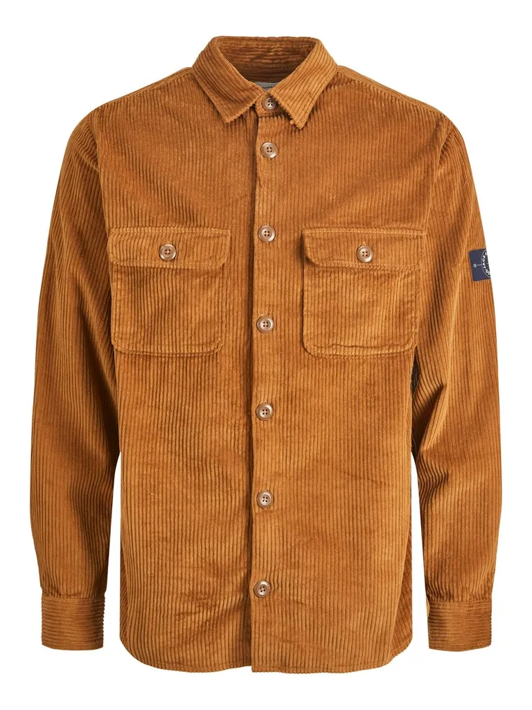 Jack & Jones Burnt Orange Corduroy Button Up Over Shirt With Front Chest Pockets