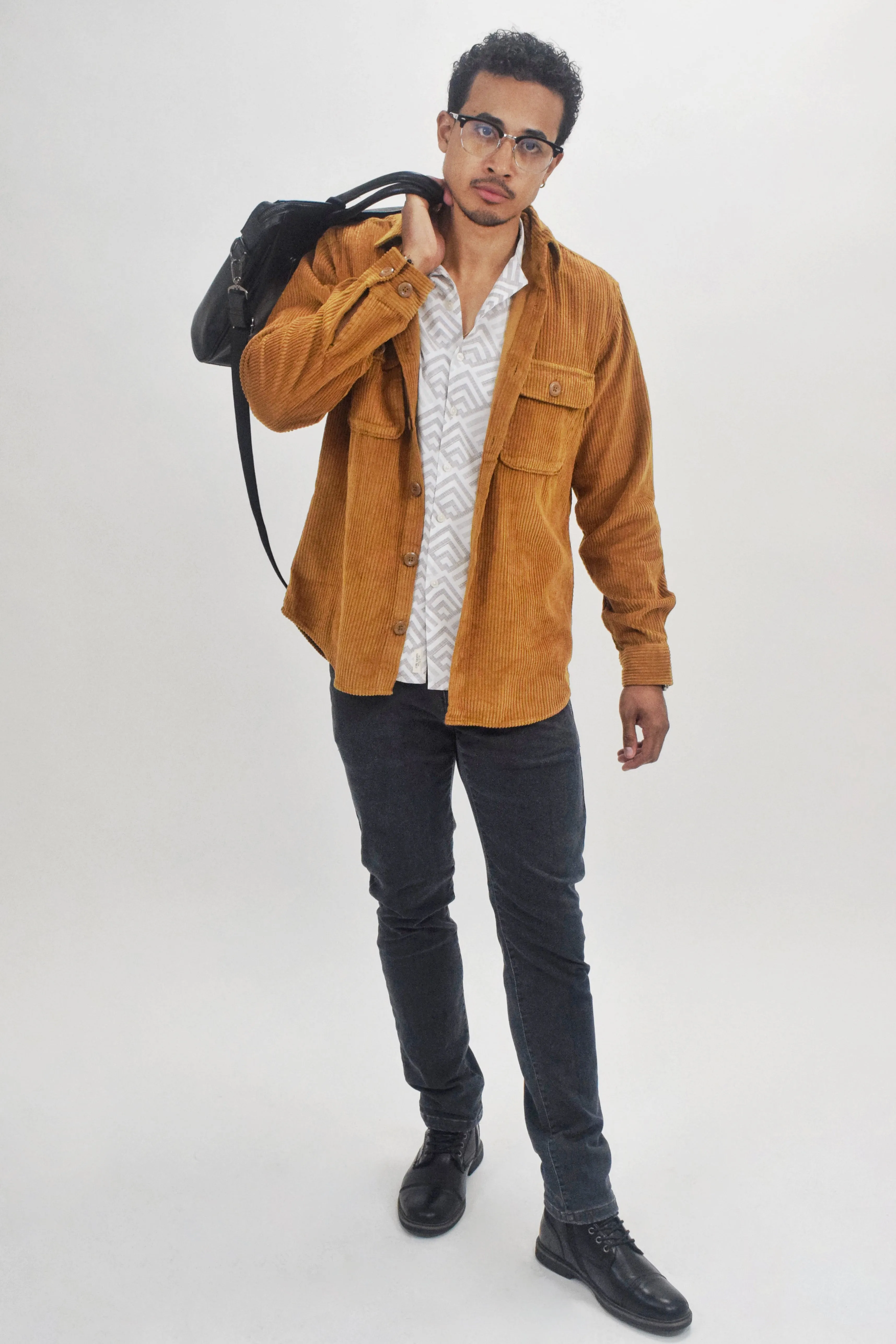Jack & Jones Burnt Orange Corduroy Button Up Over Shirt With Front Chest Pockets