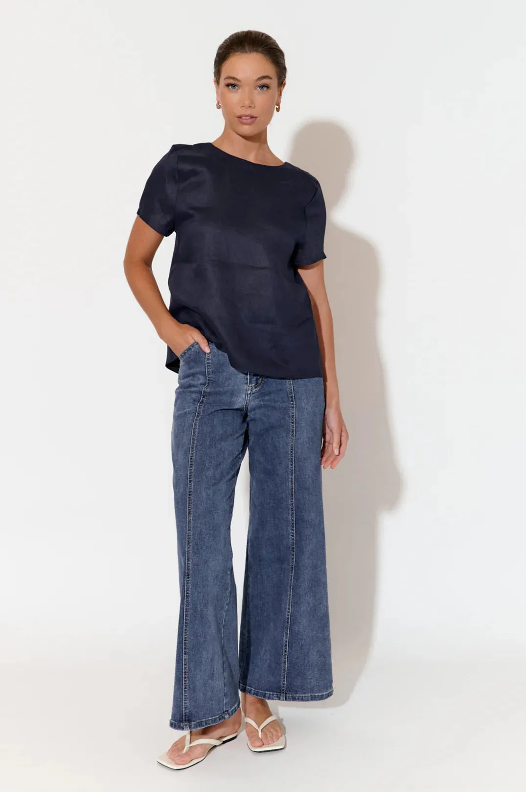 Kita Short Sleeve Button Back Linen Top Navy