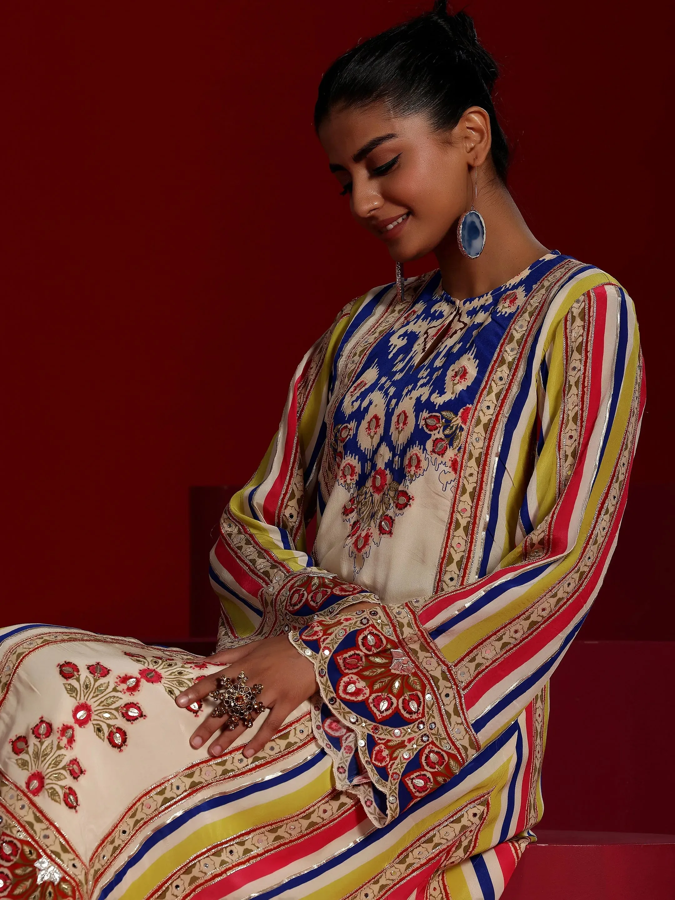 Libas Art Multi Printed Silk Crepe A-Line Kurta With Dhoti Pants