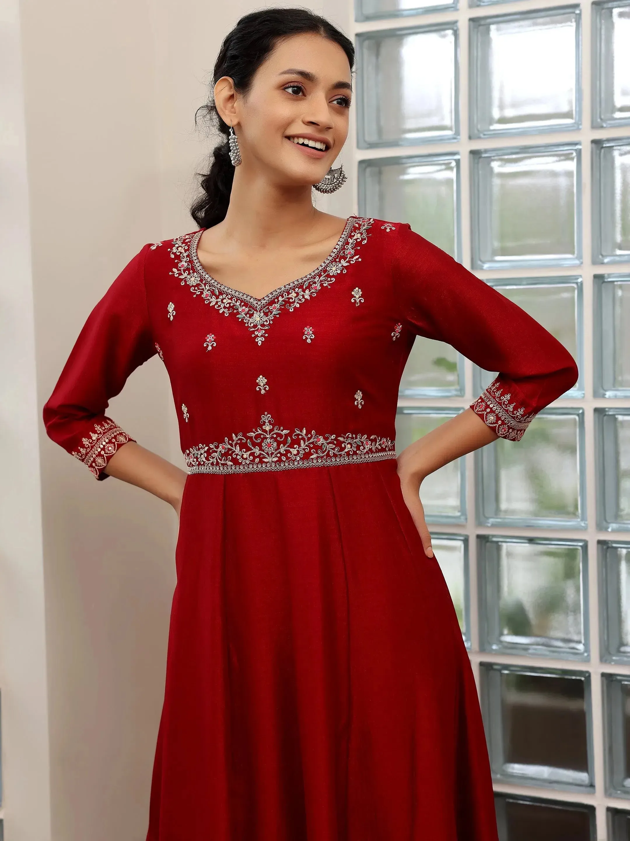 Maroon Embroidered Silk Blend Anarkali Suit With Dupatta
