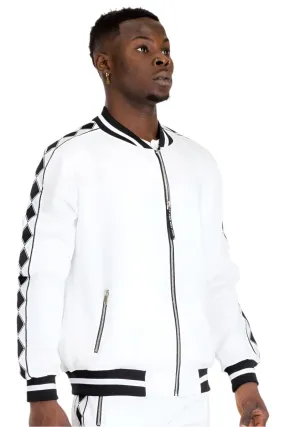Mens White With Black Diamond Tape Zip Up Jacket