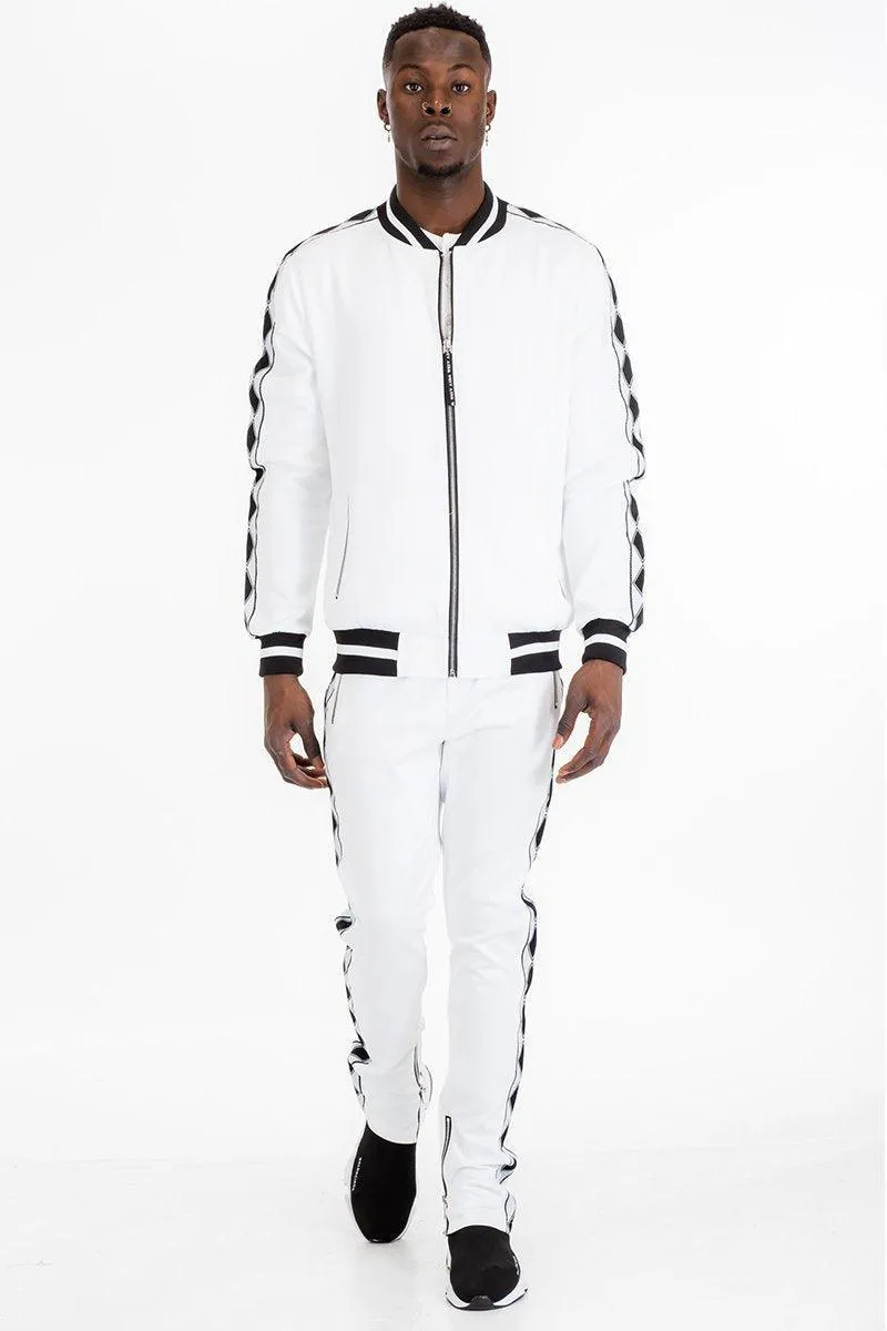 Mens White With Black Diamond Tape Zip Up Jacket