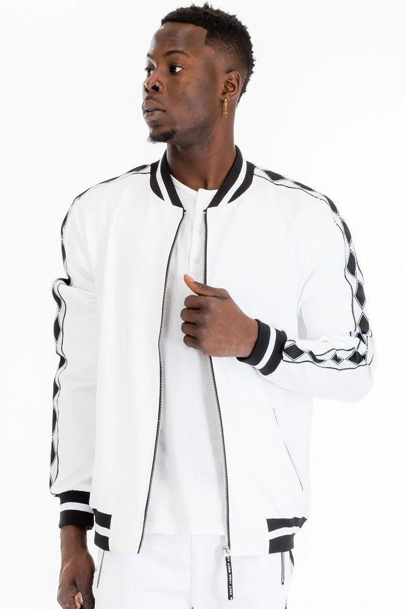 Mens White With Black Diamond Tape Zip Up Jacket