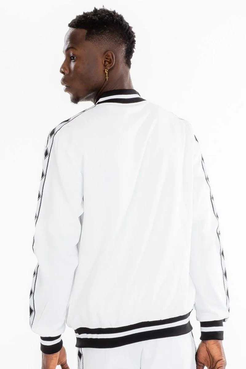 Mens White With Black Diamond Tape Zip Up Jacket