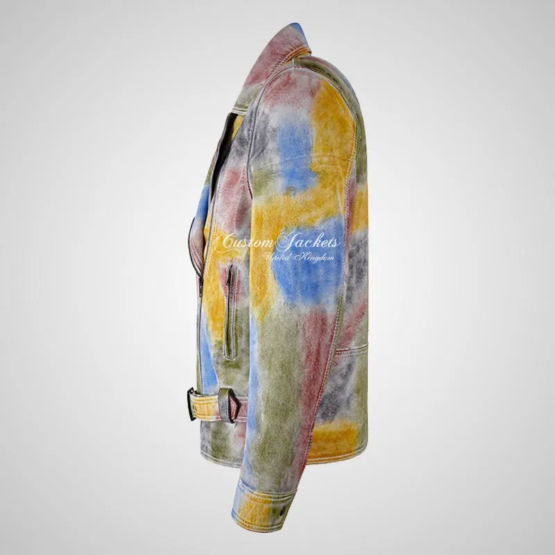 MONET Multicolored Waxed Men's Biker Leather Jacket