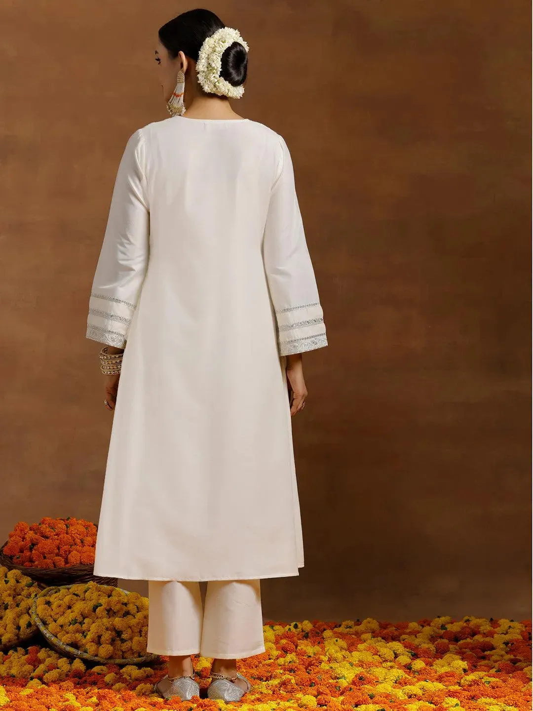 Off white Yoke Design Silk Blend A-Line Kurta With Trousers