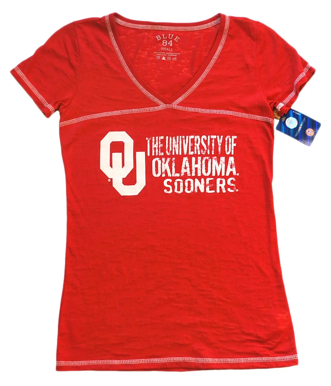 Oklahoma Sooners Blue 84 Women Red White Burn Out V-Neck T-Shirt