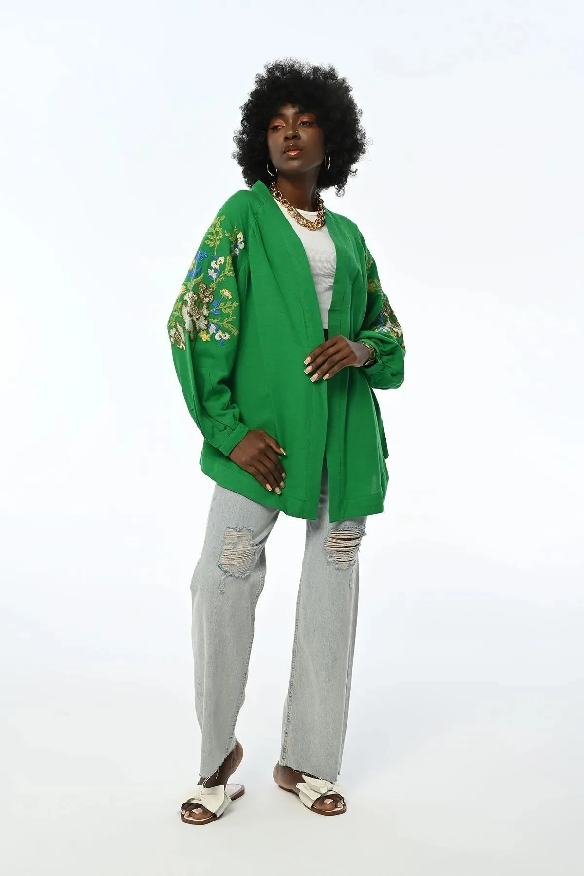 OVERSIZE CUT LINEN BLEND KIMONO JACKET WITH FLORAL EMBROIDERY ON ARM AND BACK