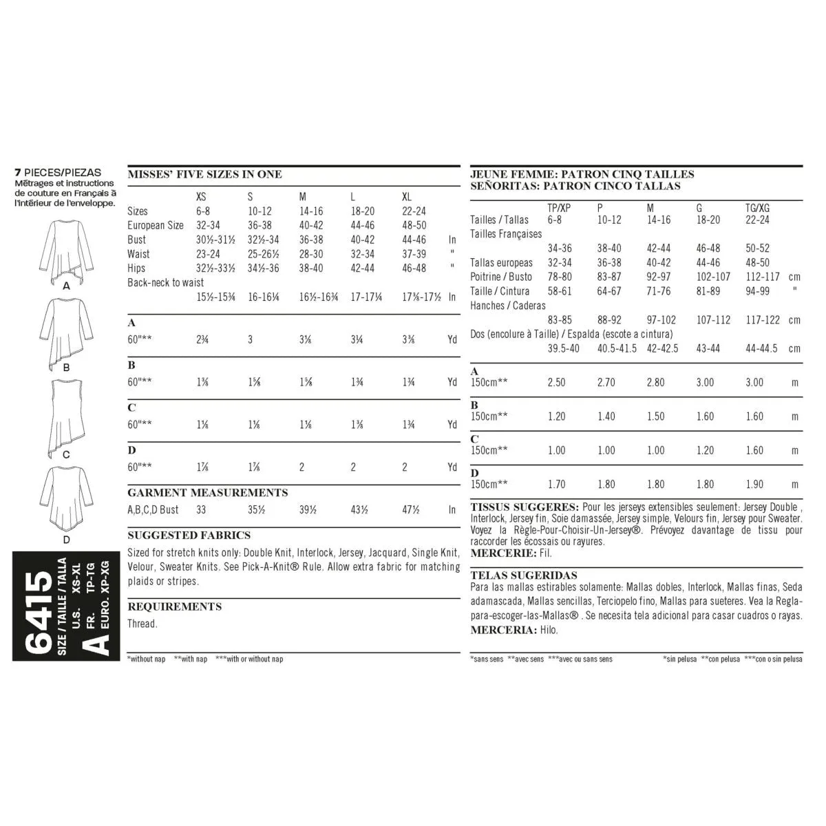 Pattern - New Look - N6415 - Misses’ Knit Tunics
