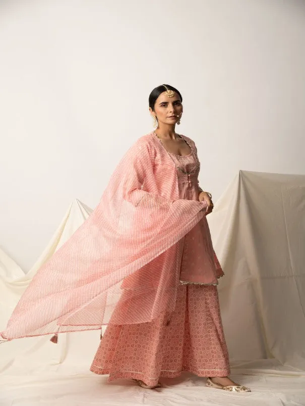 Peach Gota Chanderi Silk Palazzo Kurta Set (Set of 3)