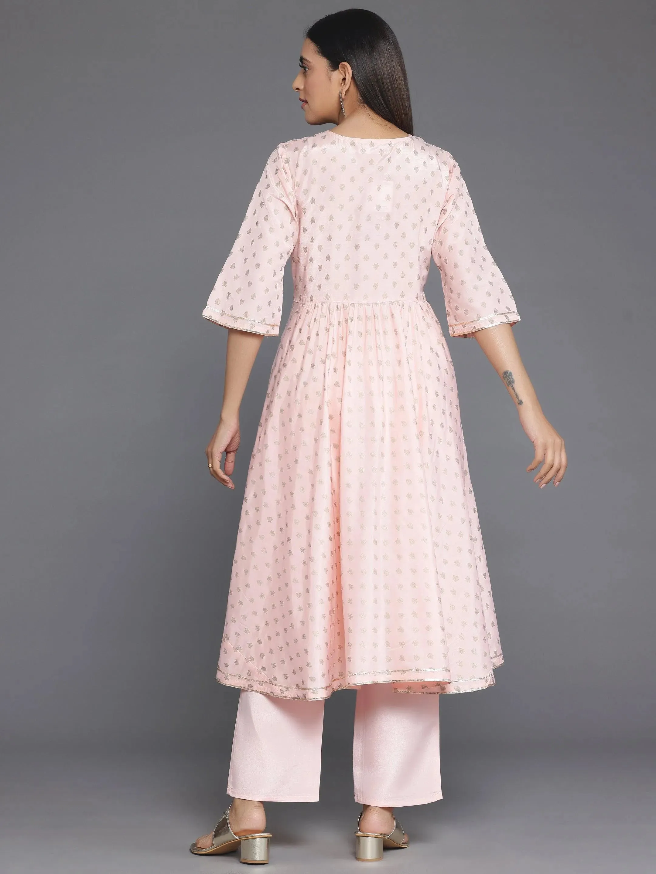 Peach Printed Silk Blend Anarkali Kurta Set
