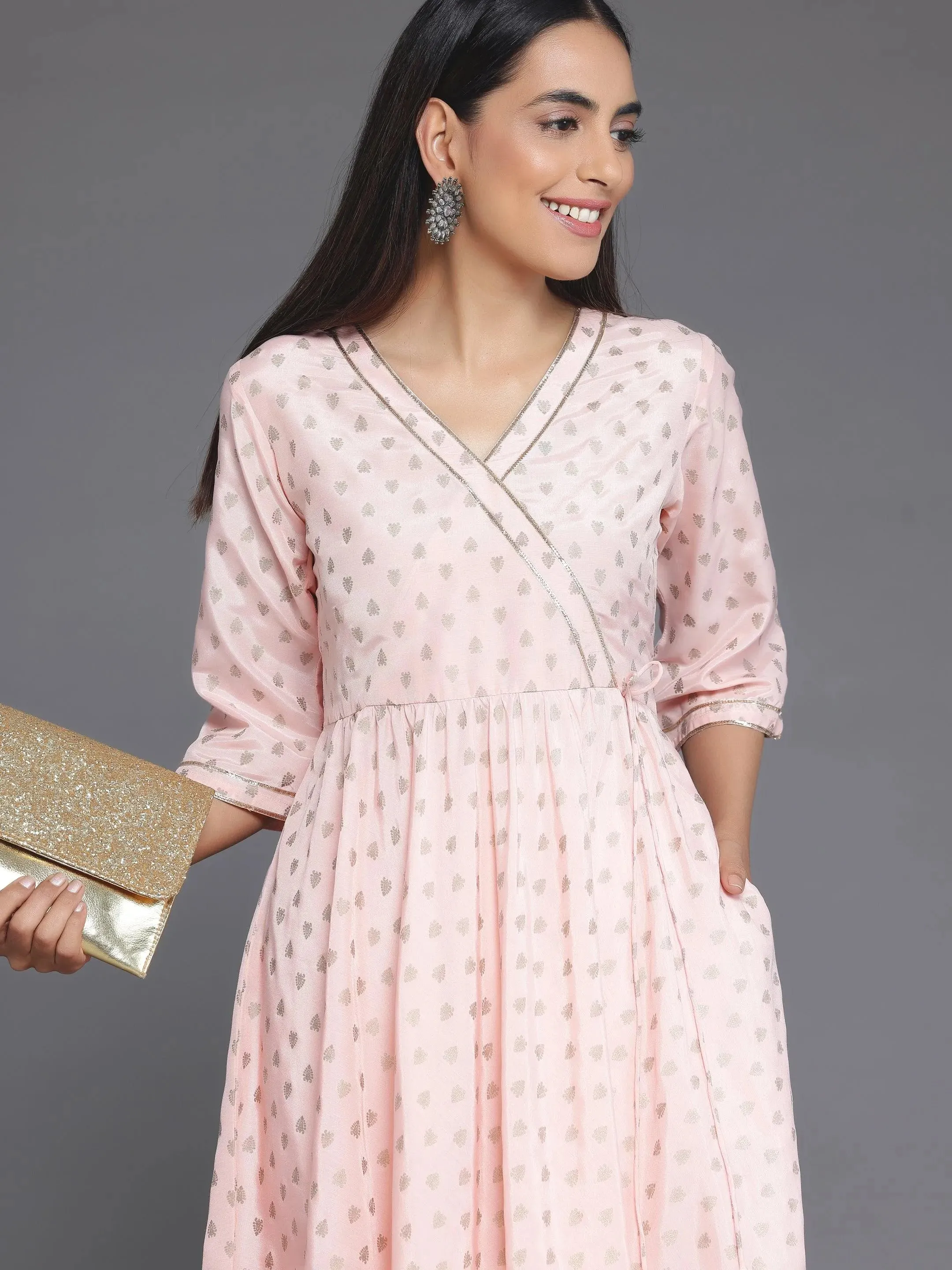 Peach Printed Silk Blend Anarkali Kurta Set