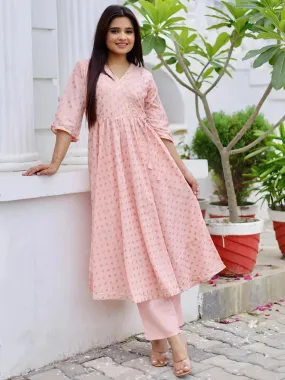 Peach Printed Silk Blend Anarkali Kurta Set