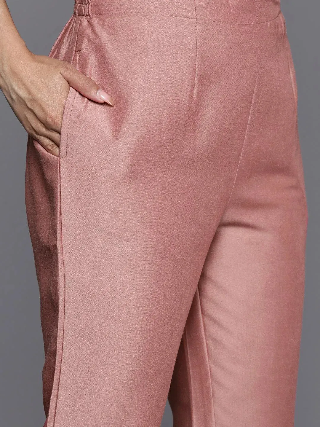 Pink Solid Silk Blend Straight Kurta With Dupatta