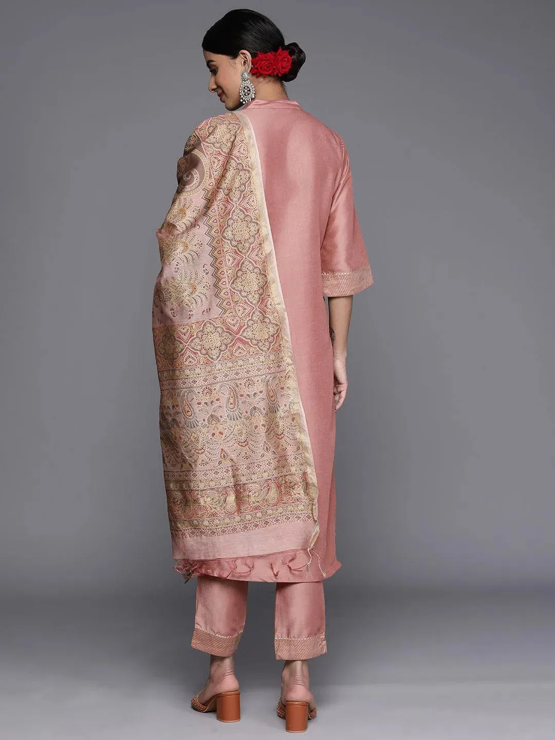 Pink Solid Silk Blend Straight Kurta With Dupatta