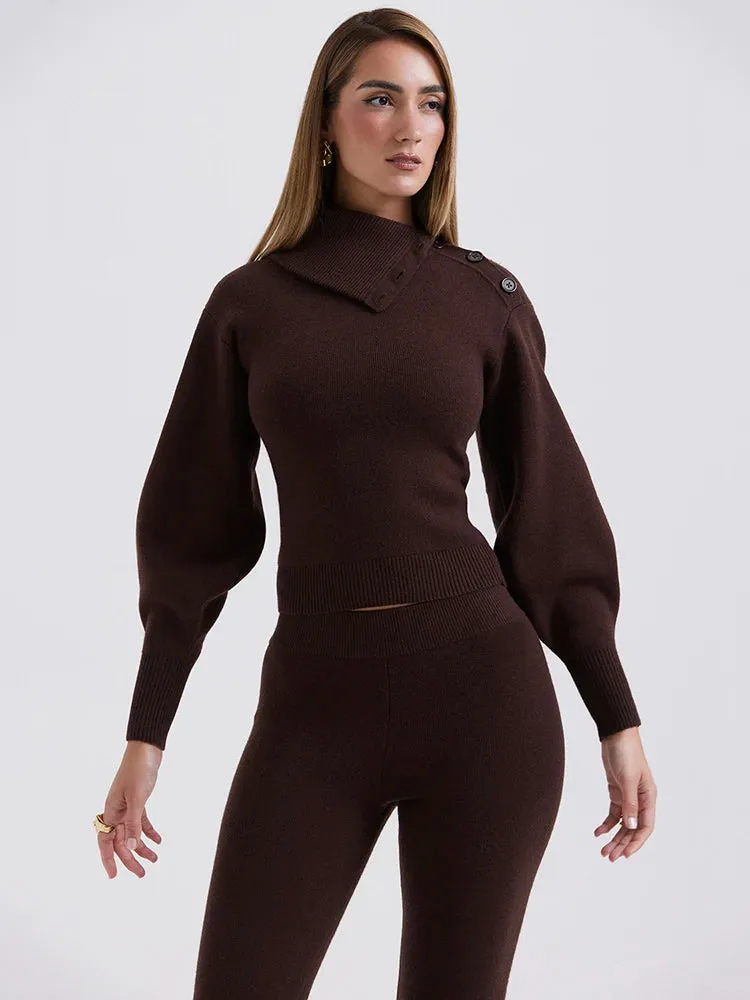 Polo Neck Top Elastic long Pant Sweater Suit