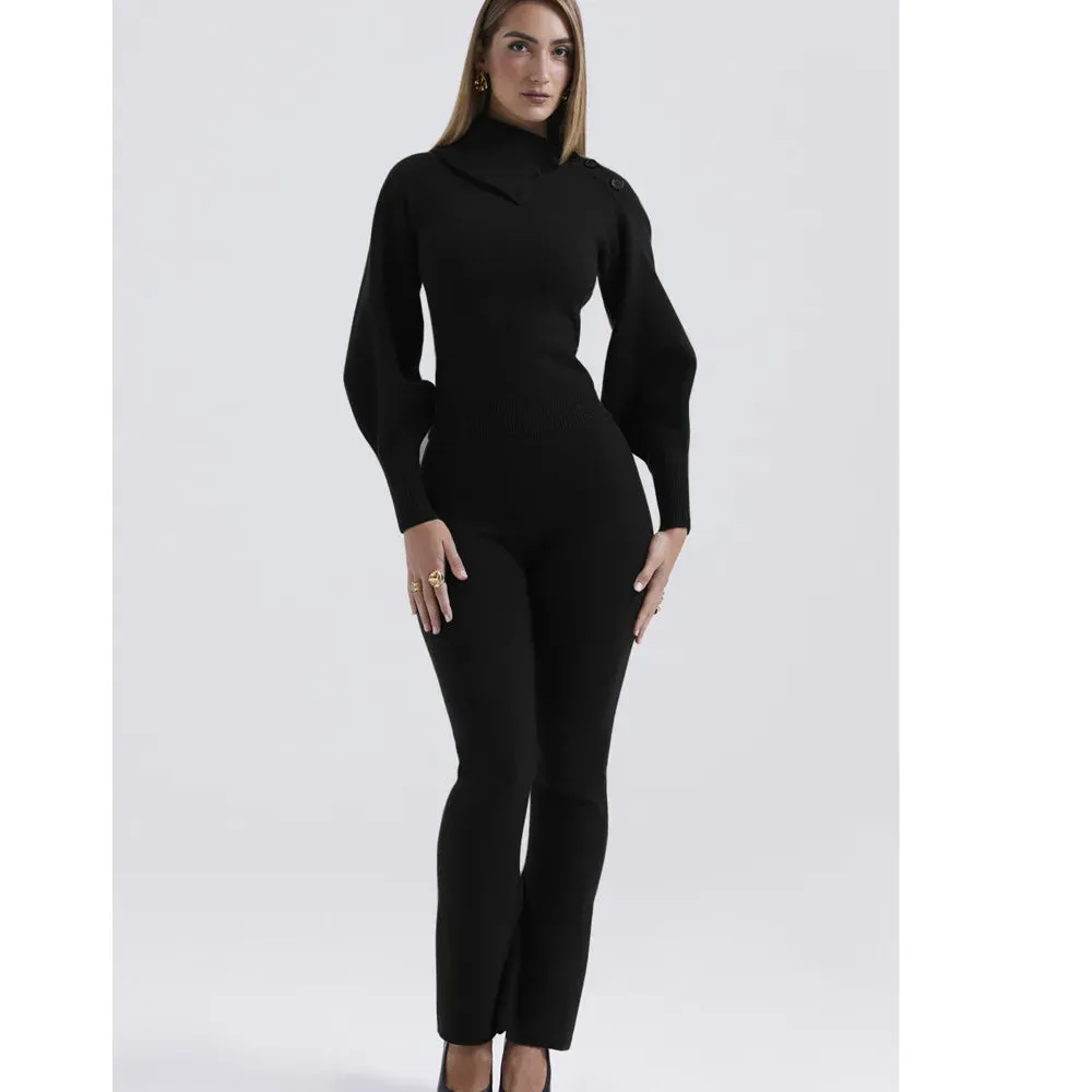 Polo Neck Top Elastic long Pant Sweater Suit
