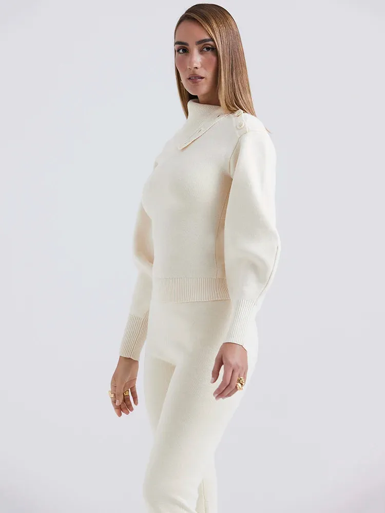 Polo Neck Top Elastic long Pant Sweater Suit
