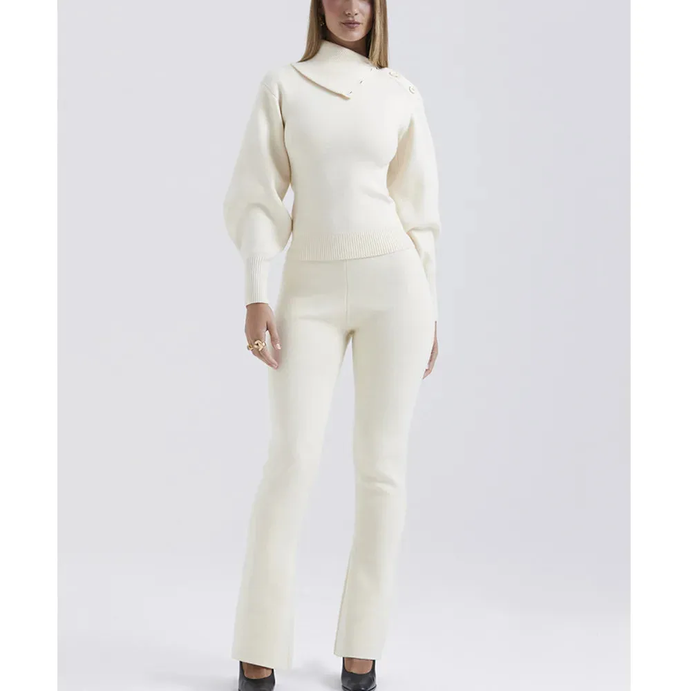 Polo Neck Top Elastic long Pant Sweater Suit