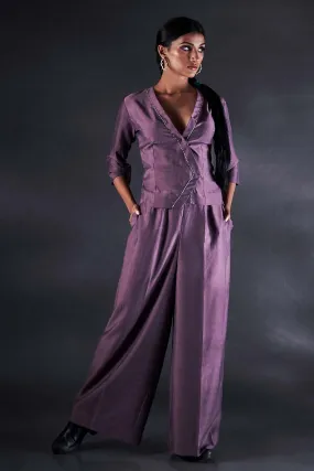Purple Embroidered Crossover Top & Pant Co-Ord Set
