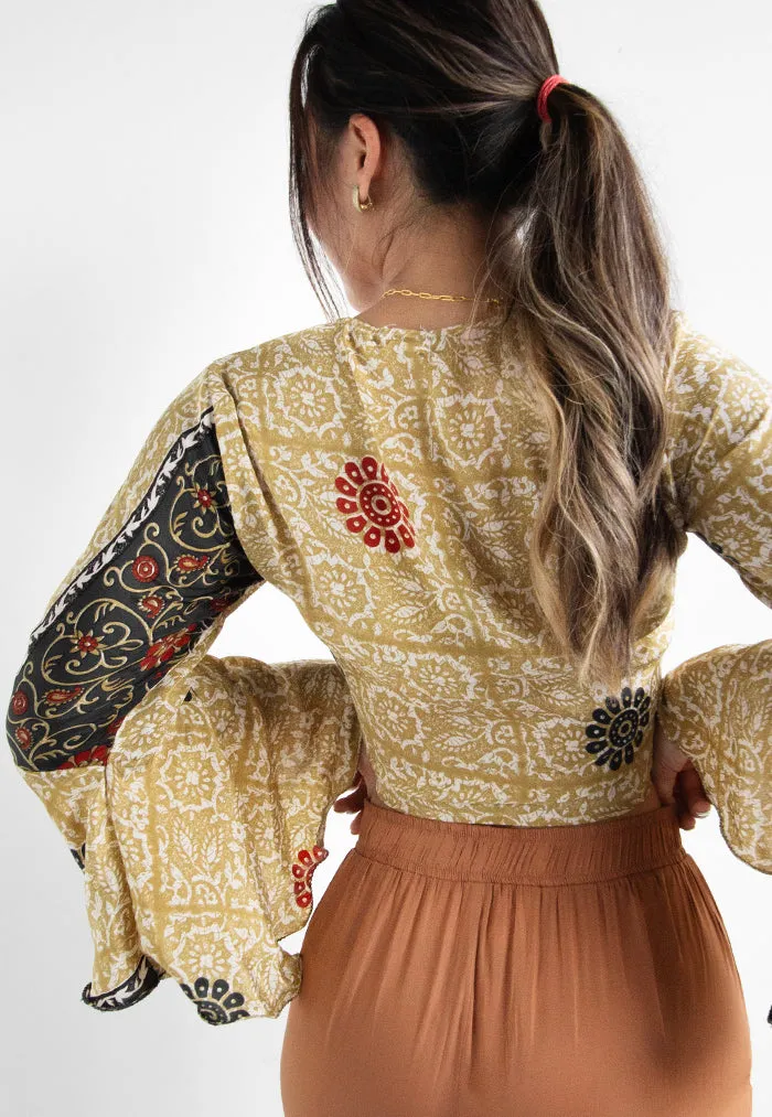 Raja Rani Upcycled Silk Crop Wrap Top - Gold