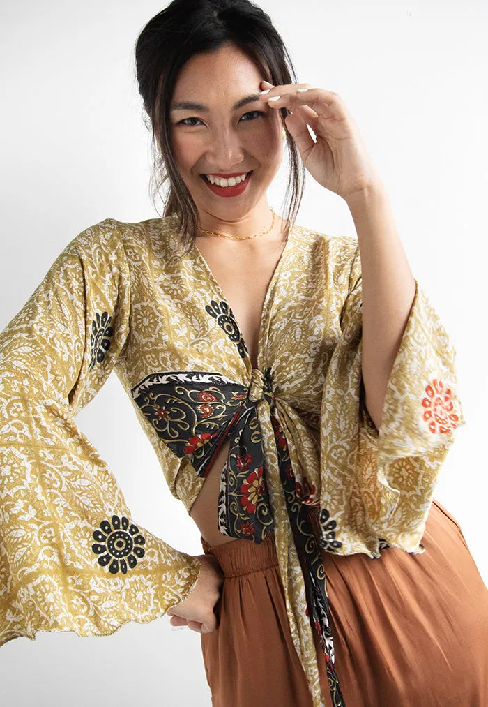 Raja Rani Upcycled Silk Crop Wrap Top - Gold