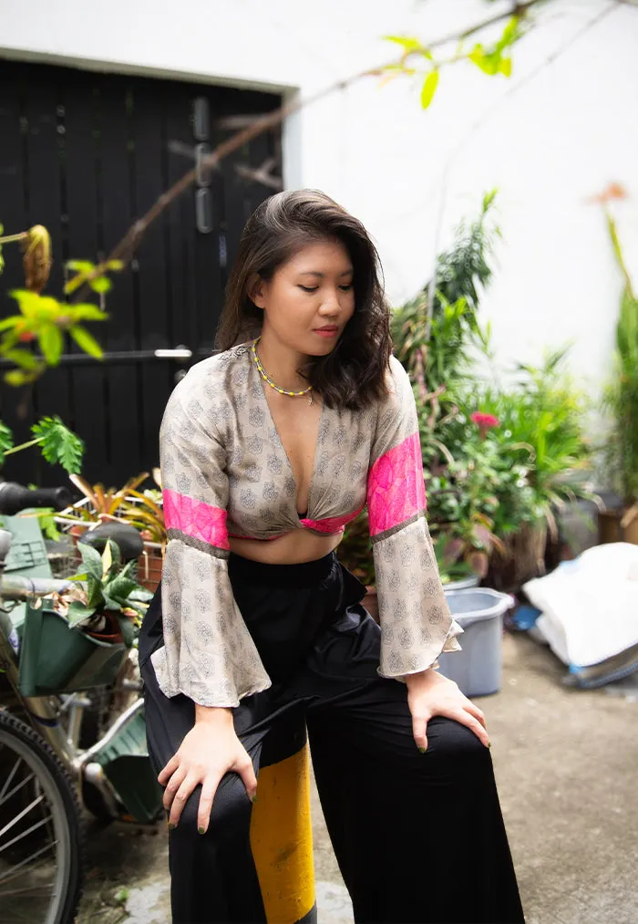 Raja Rani Upcycled Silk Long Sleeves Wrap Top - Timber