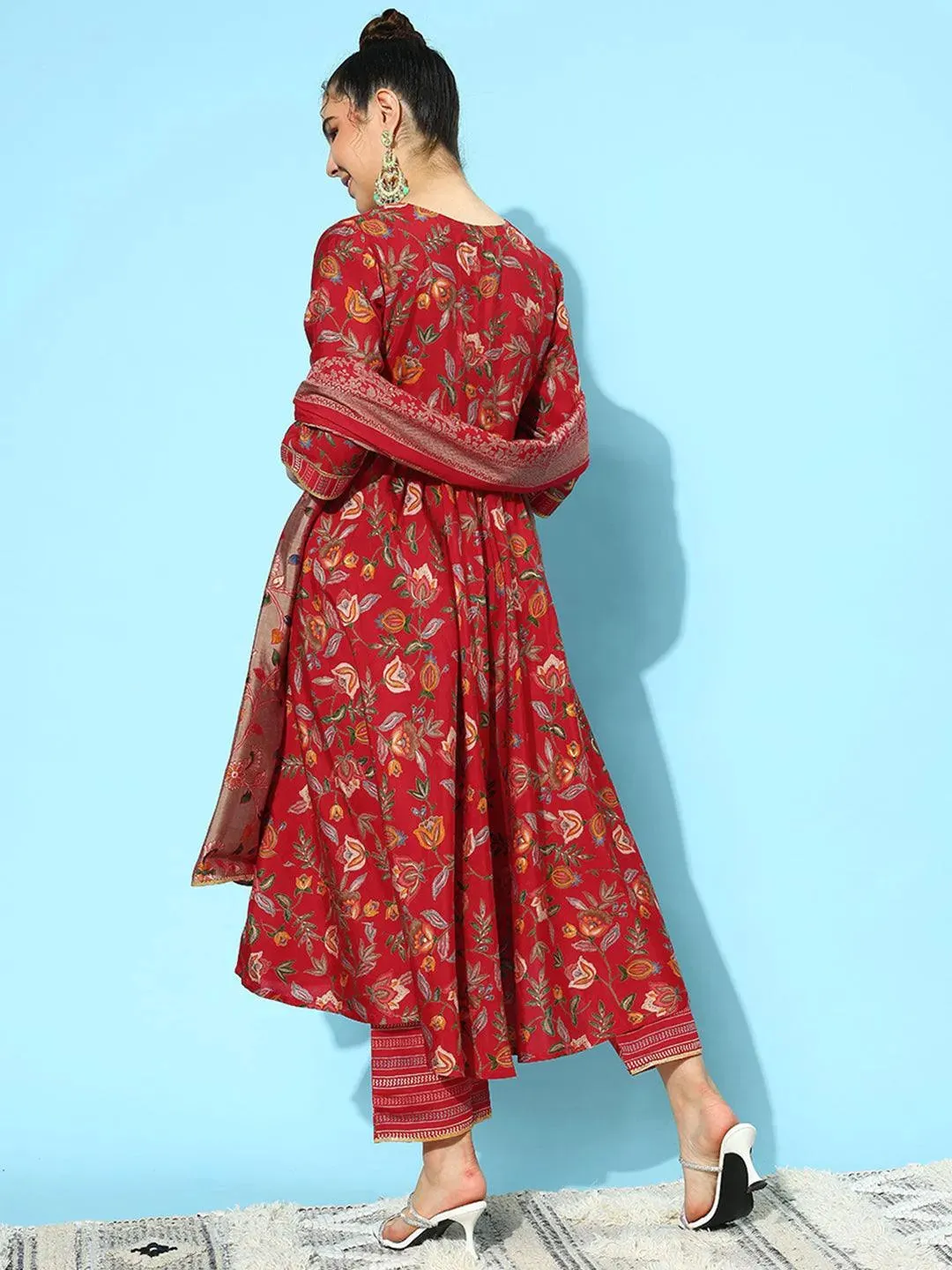 Red Printed Silk Blend Anarkali Suit With Dupatta