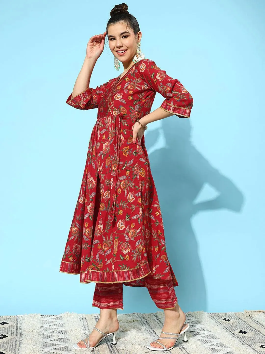 Red Printed Silk Blend Anarkali Suit With Dupatta